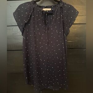 LOFT Navy Star Print Short Sleeve Ruffle Blouse